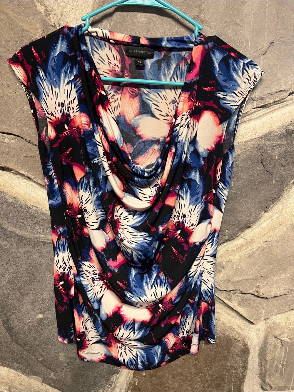 Worthington Black Floral Drape-Neck Top with Blue and Pink Accents